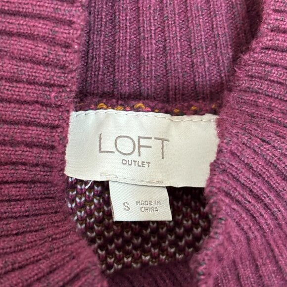 LOFT Sweater Small Burgundy Fair Isle Mock Neck Long Sleeve Holiday Pullover - Picture 10 of 11
